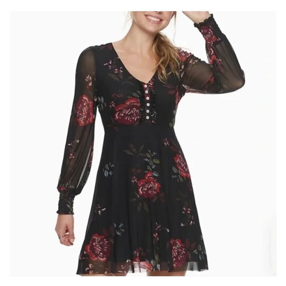 American‎ Rag Black Red Floral Mini Dress Sheer Long Sleeve Romantic Size S